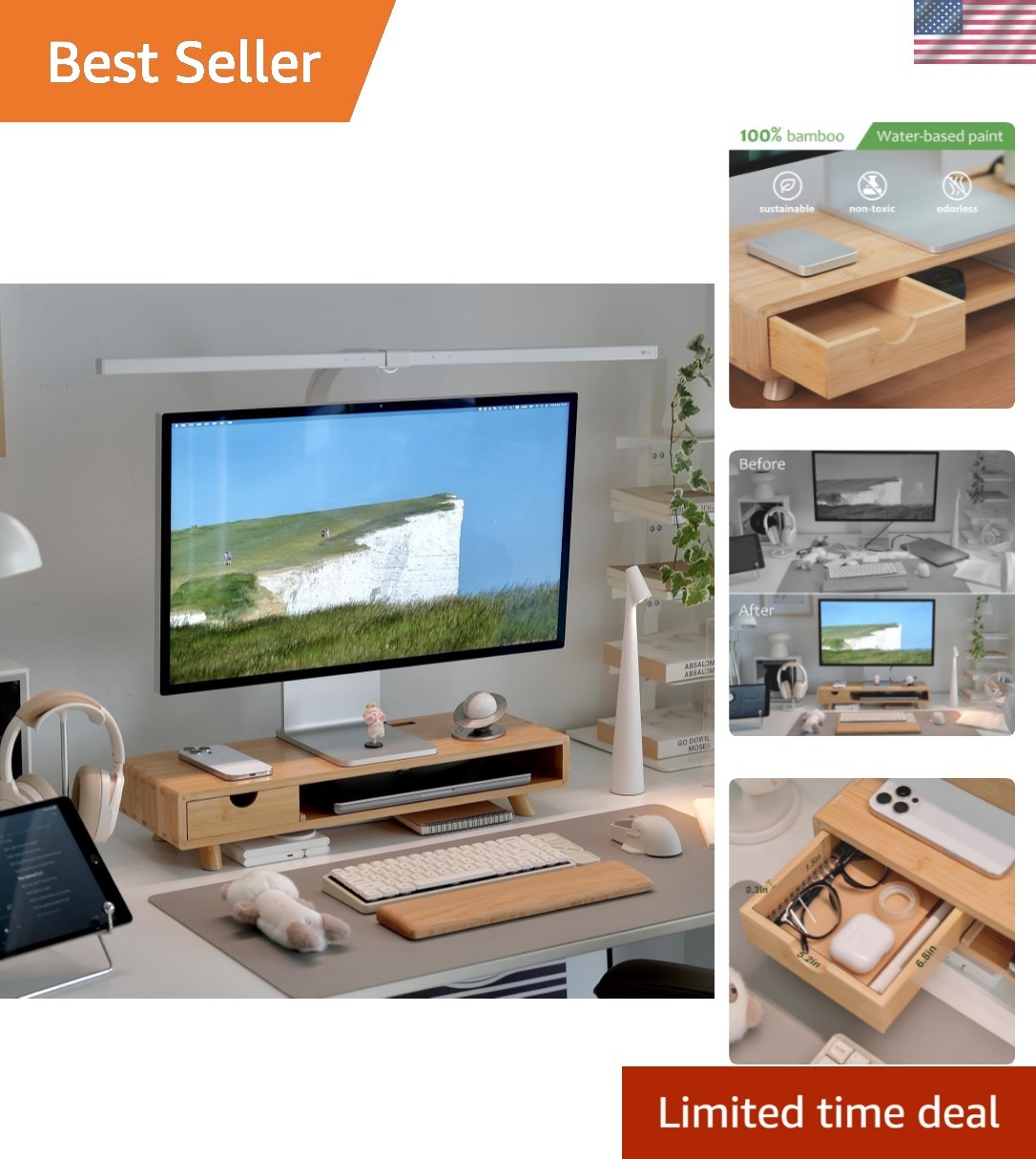 Bamboo Monitor Stand Riser with Drawer, Ergonomic Computer Riser for Desk wit...