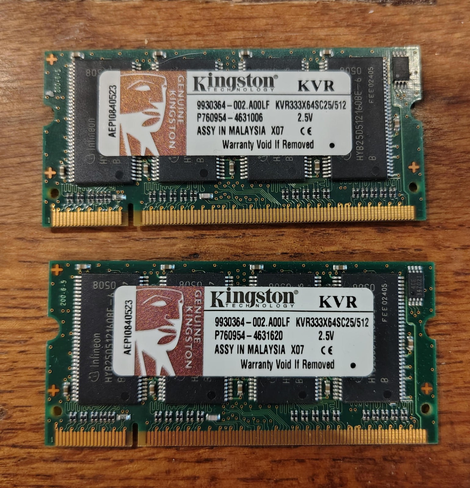 Kingston 512MB PC2700 DDR-333MHz 200-Pin SoDIMM, KVR333X64SC25/512, lot of 2