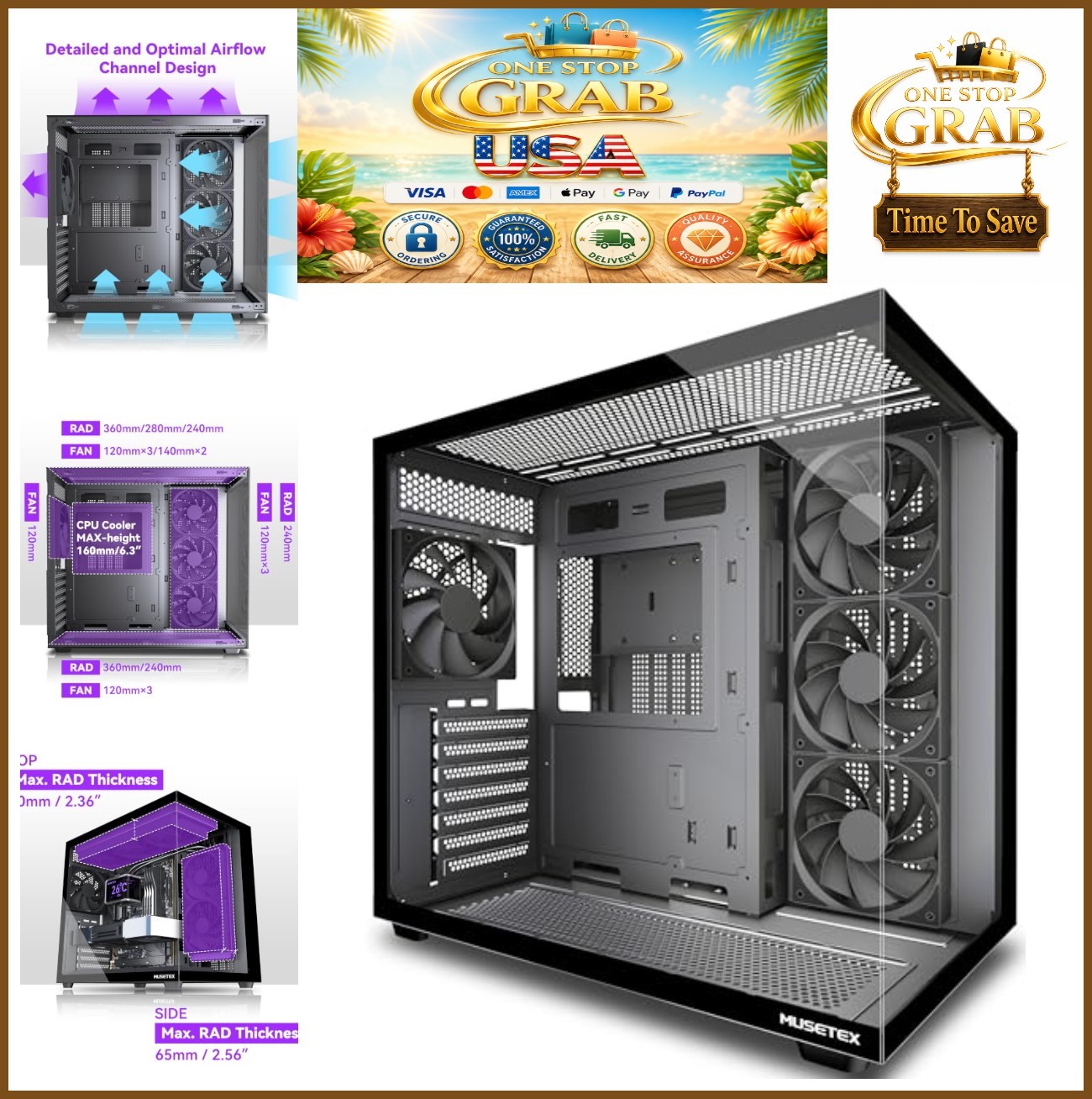 Y6 ATX Mid Tower PC Case 270° Tempered Glass 4 Fans Type-C Black