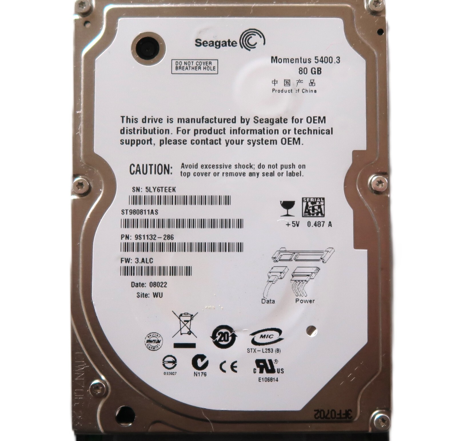 Seagate ST980811AS 9S1132-286 3.ALC WU China (5LY) 80gb 2.5" Sata HDD JUL/2007
