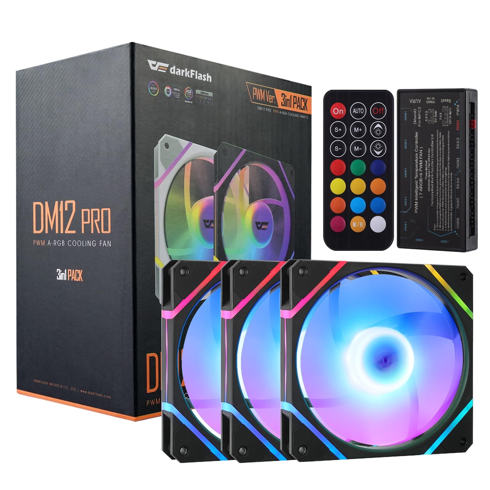 darkFlash 3-Pack 120mm PC Case Fans with Controller Hub & Remote, PWM ARGB Sync,