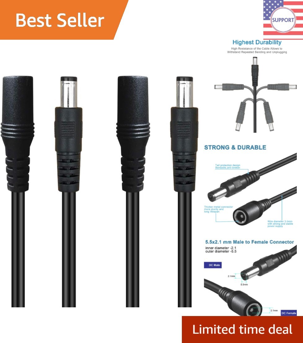 3ft DC Power Extension Cable 2-Pack for 12V Devices - Safe & Durable