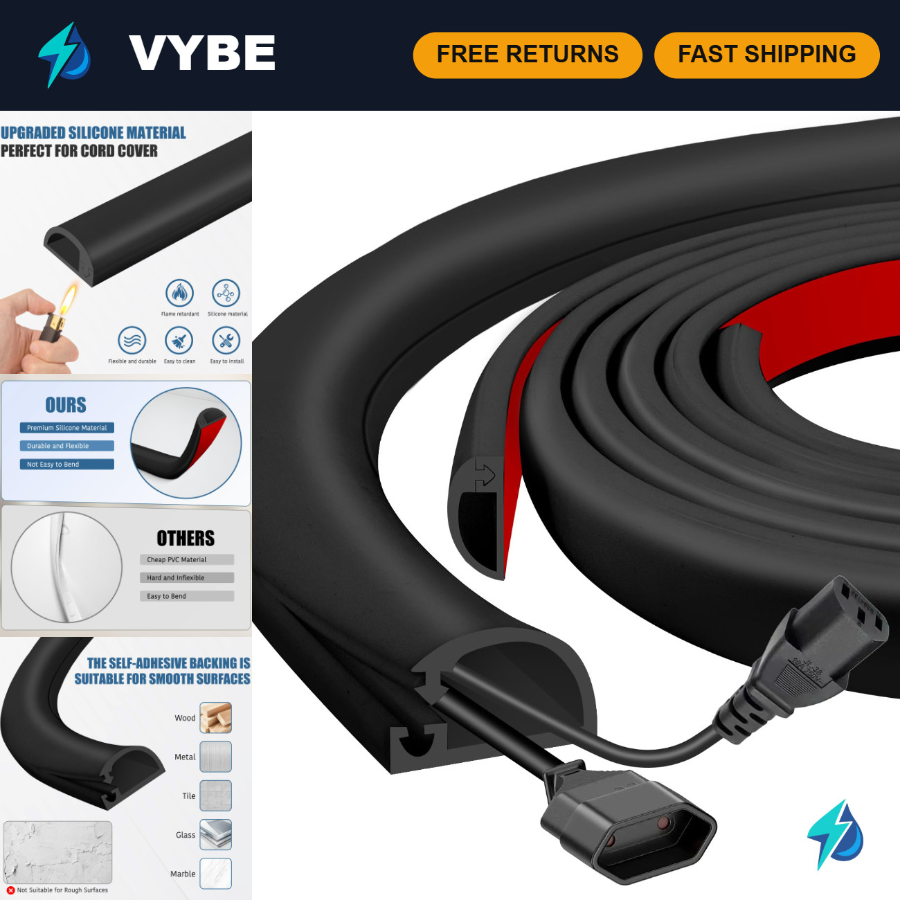 10FT Self-Adhesive Silicone Cord Hider, Wall Wire Cover for TV & Office, Flexibl