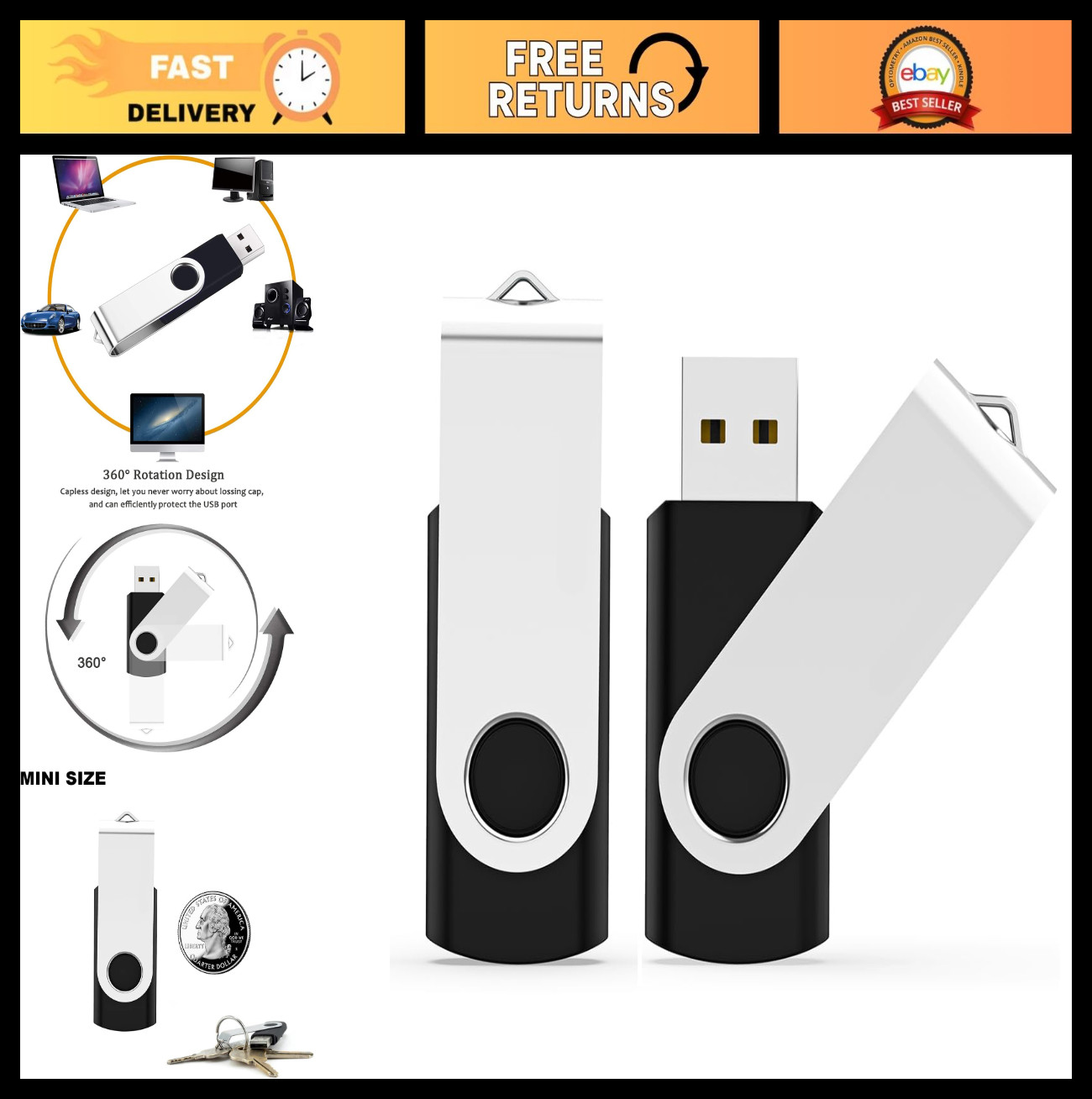 16GB USB Flash Drive 2 Pack - USB 2.0 Thumb Drives, Swivel Design, Portable Stor