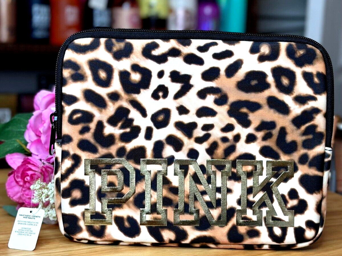 Victoria’s Secret Pink Tablet Sleeve Cover Cheetah Leopard Gold Logo Top Zip NWT