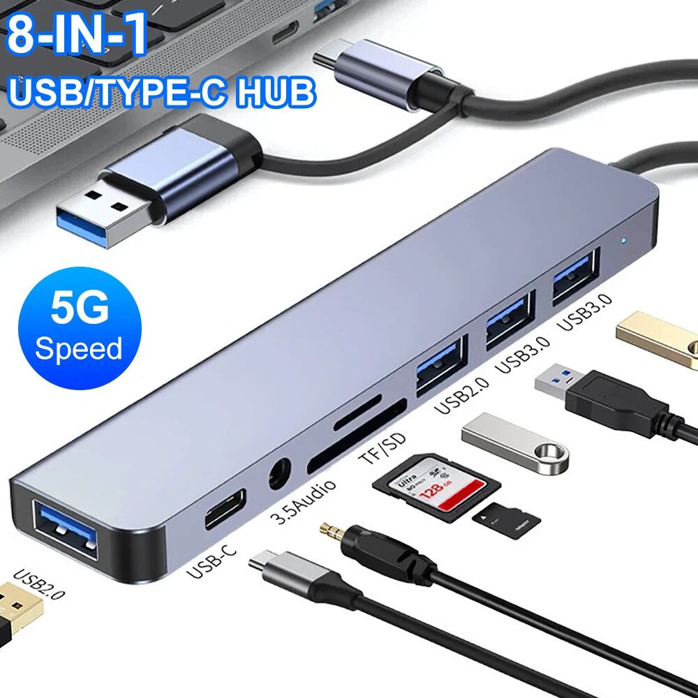 Adapter USB C HUB Type 7/8Port 5G Speed Multi USB Splitter For PC Laptop Macbook