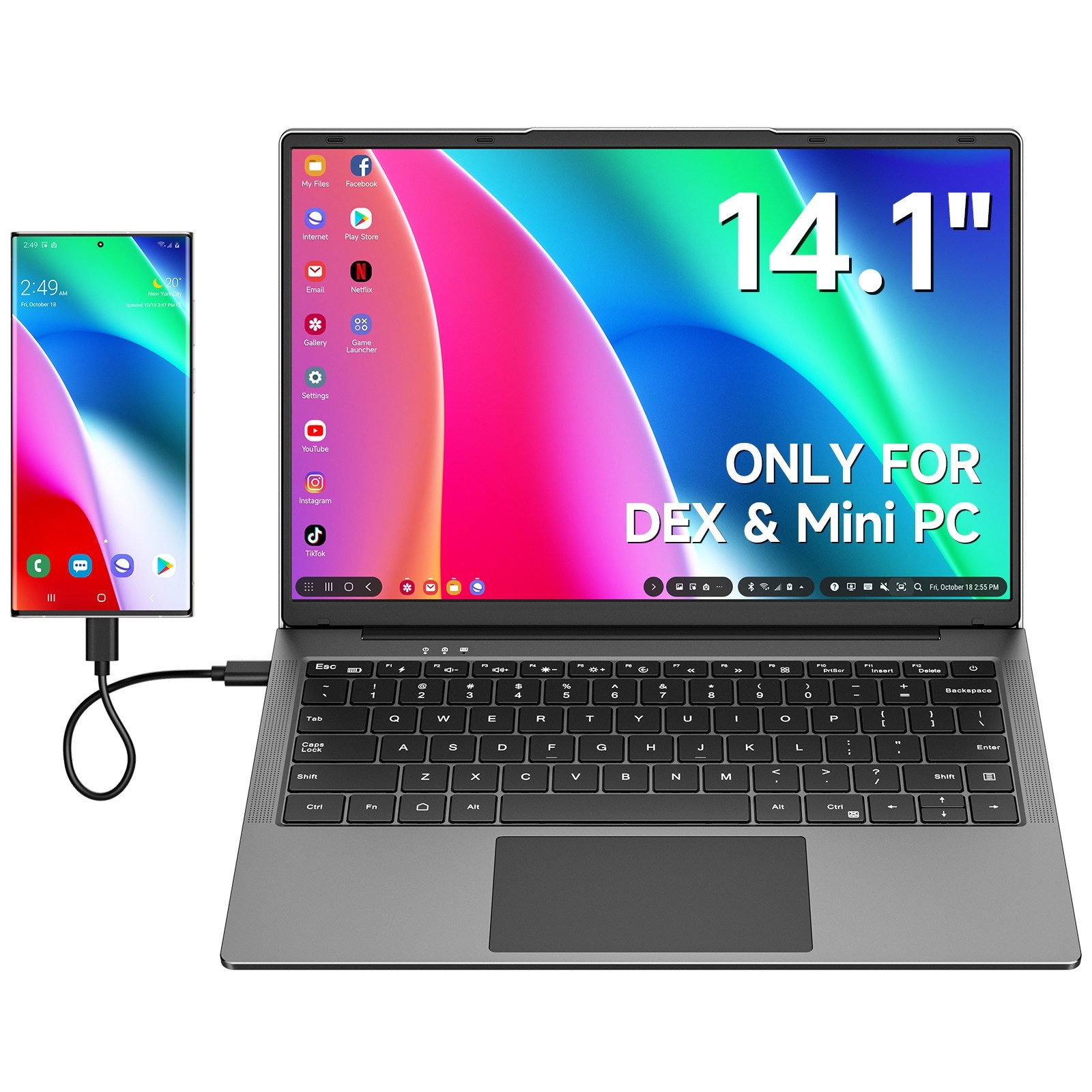 Dopesplay 14.1" Portable Monitor w/ Keyboard Lapdock for Phone DeX Mac Mini PC