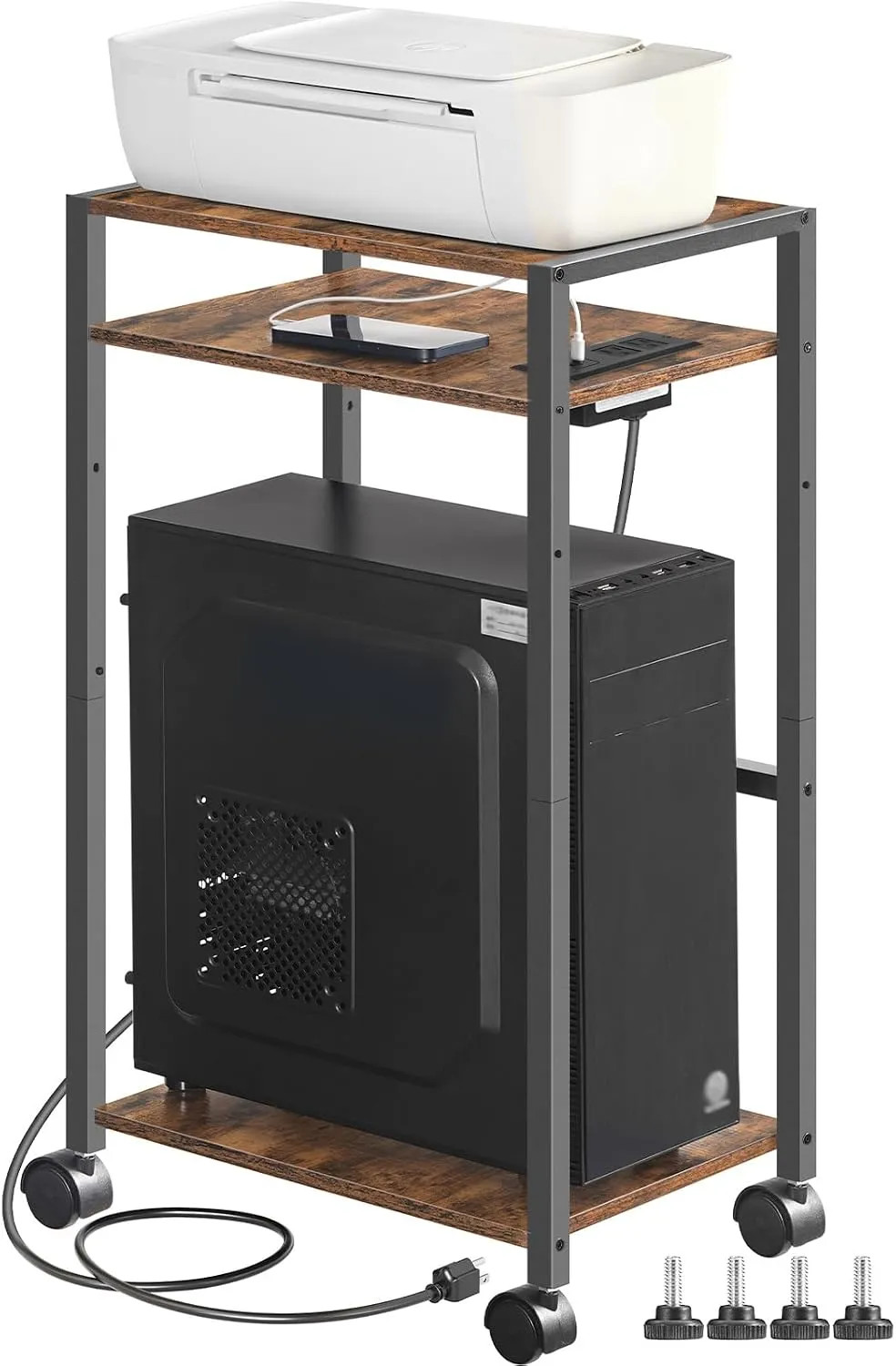 3 Tier Mobile PC Tower Stand With Charging Station Adjustable Shelf Rustic Brown