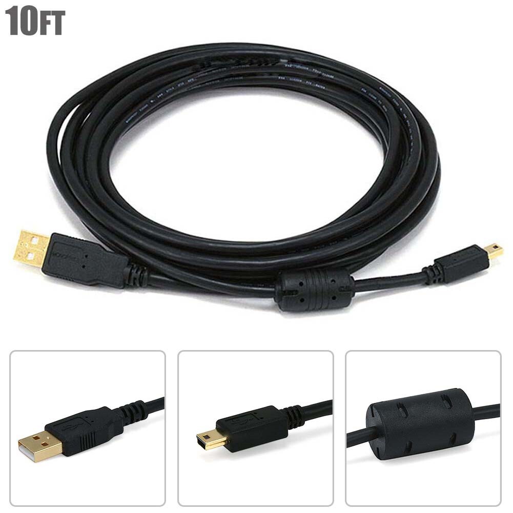 10FT USB-A Male to Mini B 5-Pin Male Sync Data Charge Cable Ferrite Core Gold
