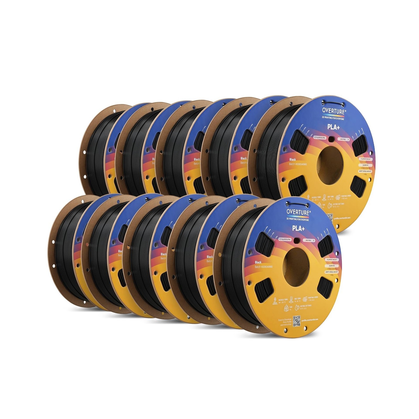 OVERTURE 10KG Bundle High Speed PLA+ 3D Printer Filament 1.75mm Black*10