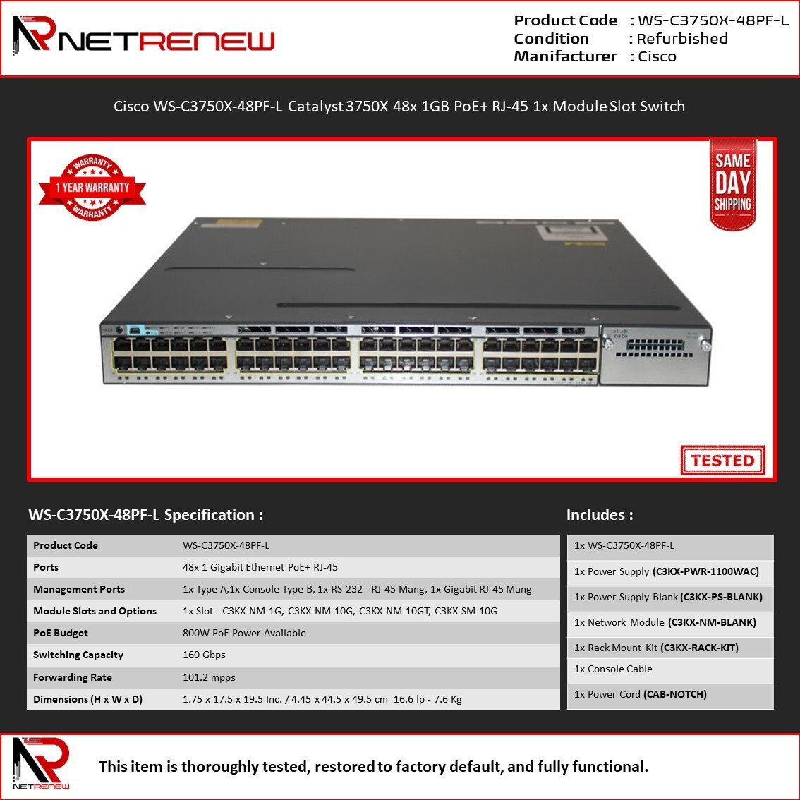 Cisco WS-C3750X-48PF-L Catalyst 48 Port Gigabit Ethernet PoE+ Switch