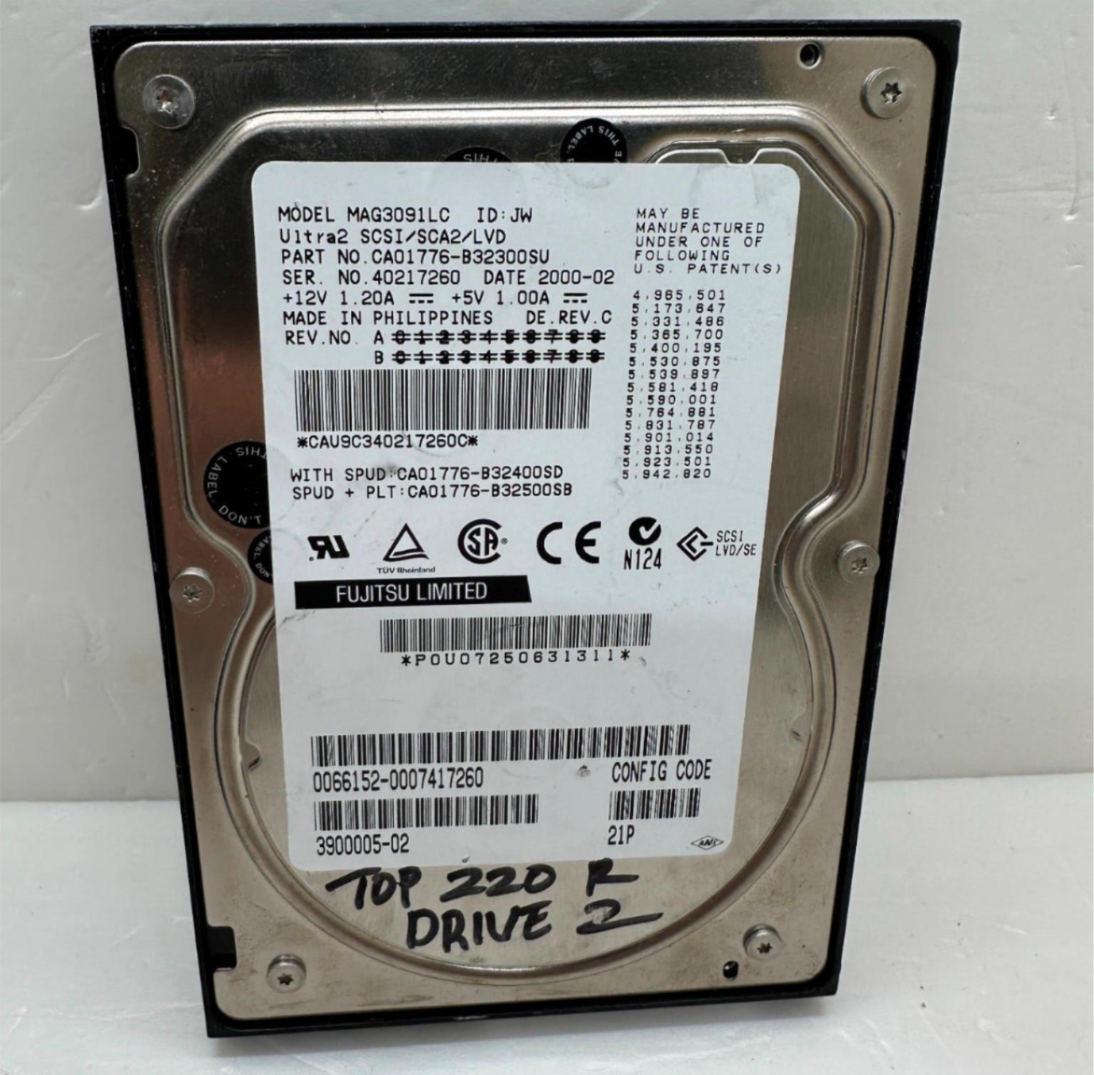 Fujitsu Limited Model MAG3091LC Ultra 2 SCSI/SCA2/LVD CA01776-B32300SU HDD