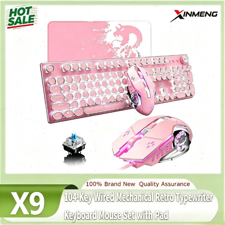 Xinmeng X9 104-Key Wired Mechanical Retro Typewriter Keyboard Mouse Set with Pad