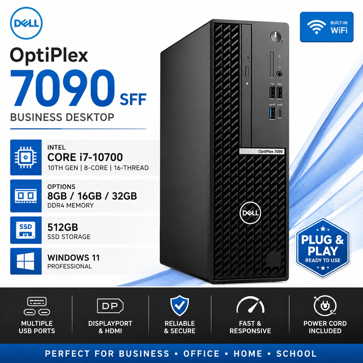 Dell OptiPlex 7090 SFF i7-10700 512GB SSD Win 11 Pro WiFi Desktop PC