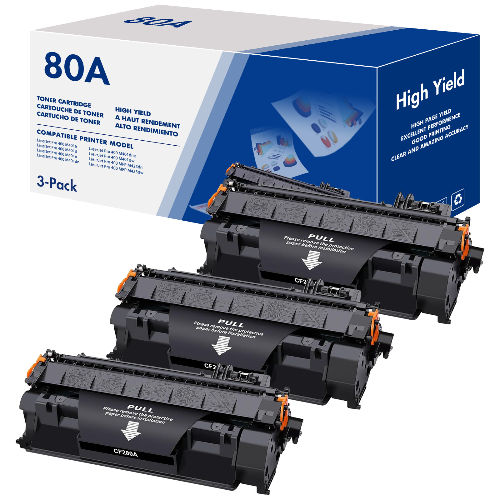 3 PACK CF280A Toner Black For HP 80A Toner LaserJet Pro 400 M401n M401d M401dw