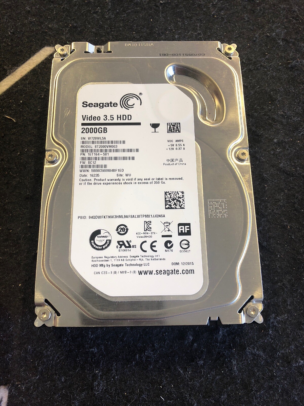 Non Functioning Seagate Video 3.5 HDD 2000 GB Hard Disk Drive