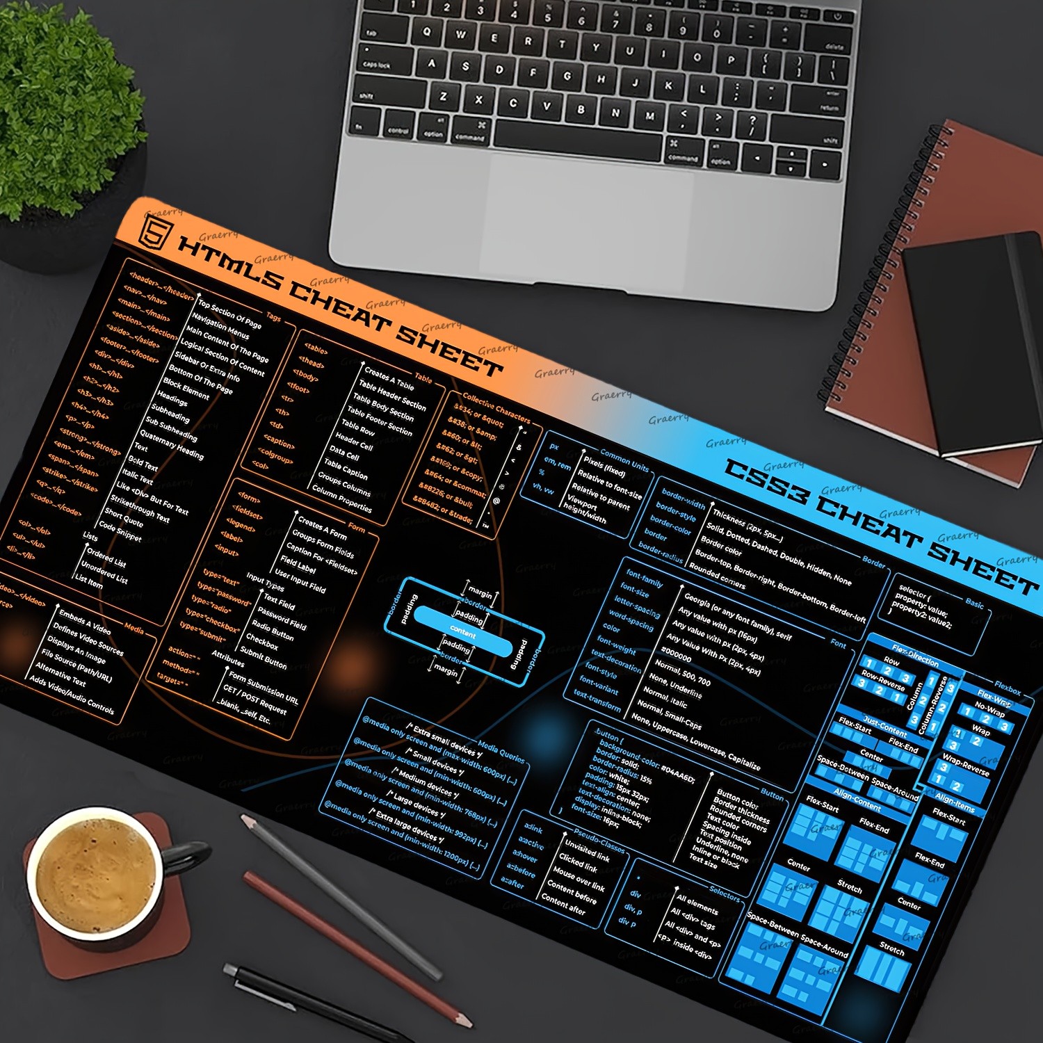 1pc a Large Gaming Mouse Pad Featuring an HTML5 And CSS3 Cheat Sheet, Designed