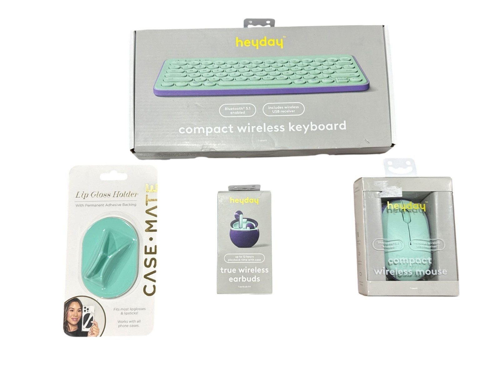 4pcs Heyday Wireless Keyboard, Mouse & Earbuds Bundle + Case-Mate Lip Gloss Hold