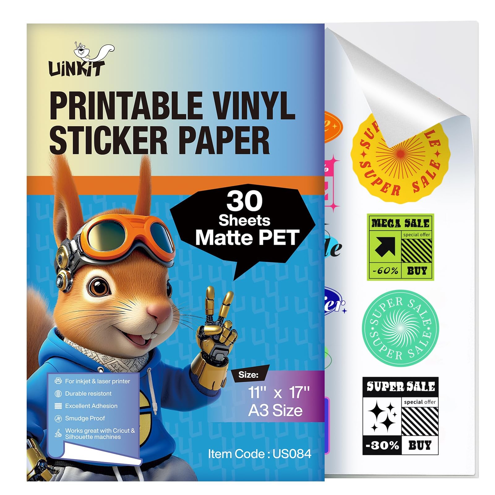 Uinkit Matte Printable Vinyl Sticker Paper Menu Size 11" x 17" 30 Sheets | fo...
