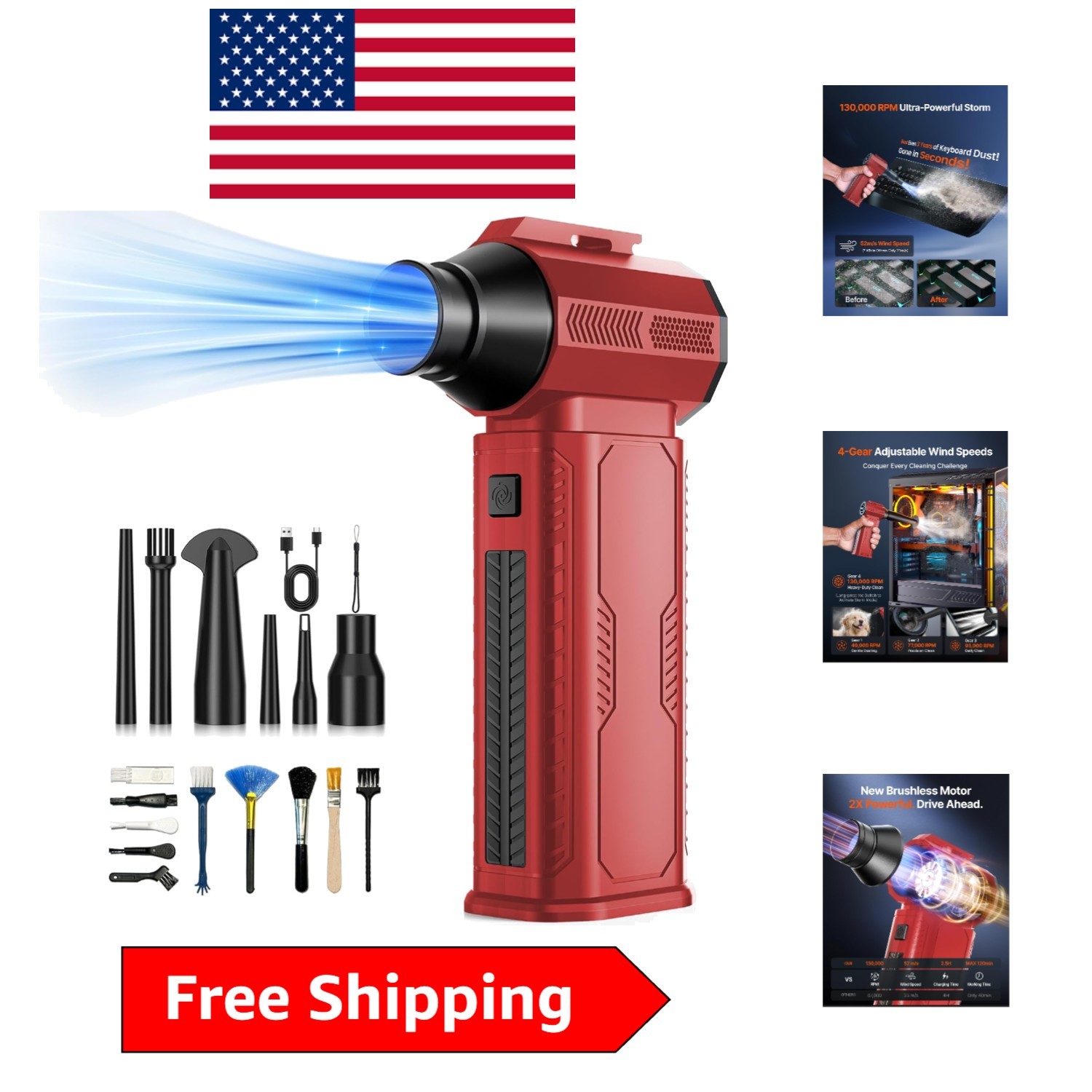 4-Gear Electric Air Duster - Fast Recharge & Versatile for Home and Car Cleaning
