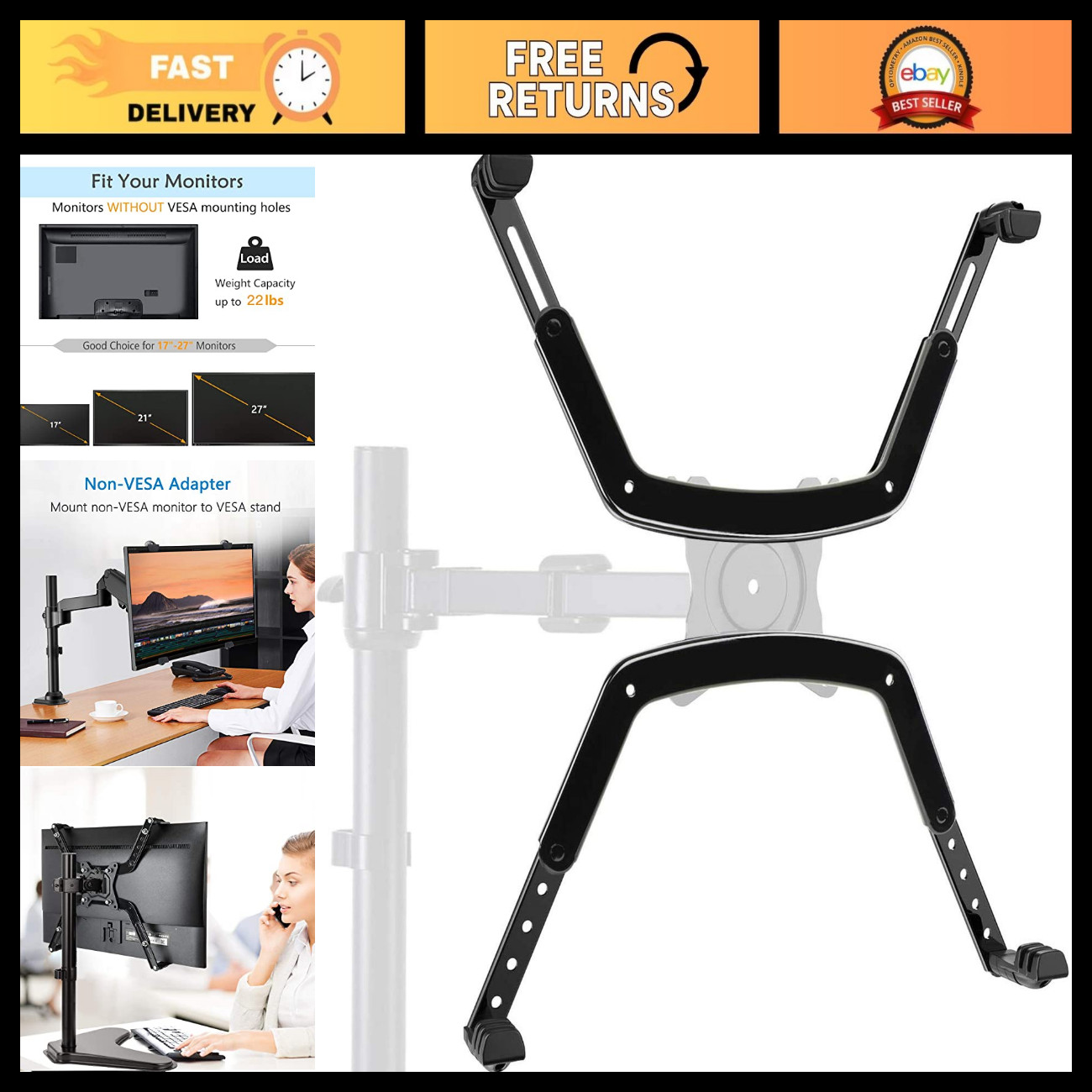 Universal VESA Mount Adapter Kit for 17-27 Inch Monitors, Non-VESA to 75x75 Moun