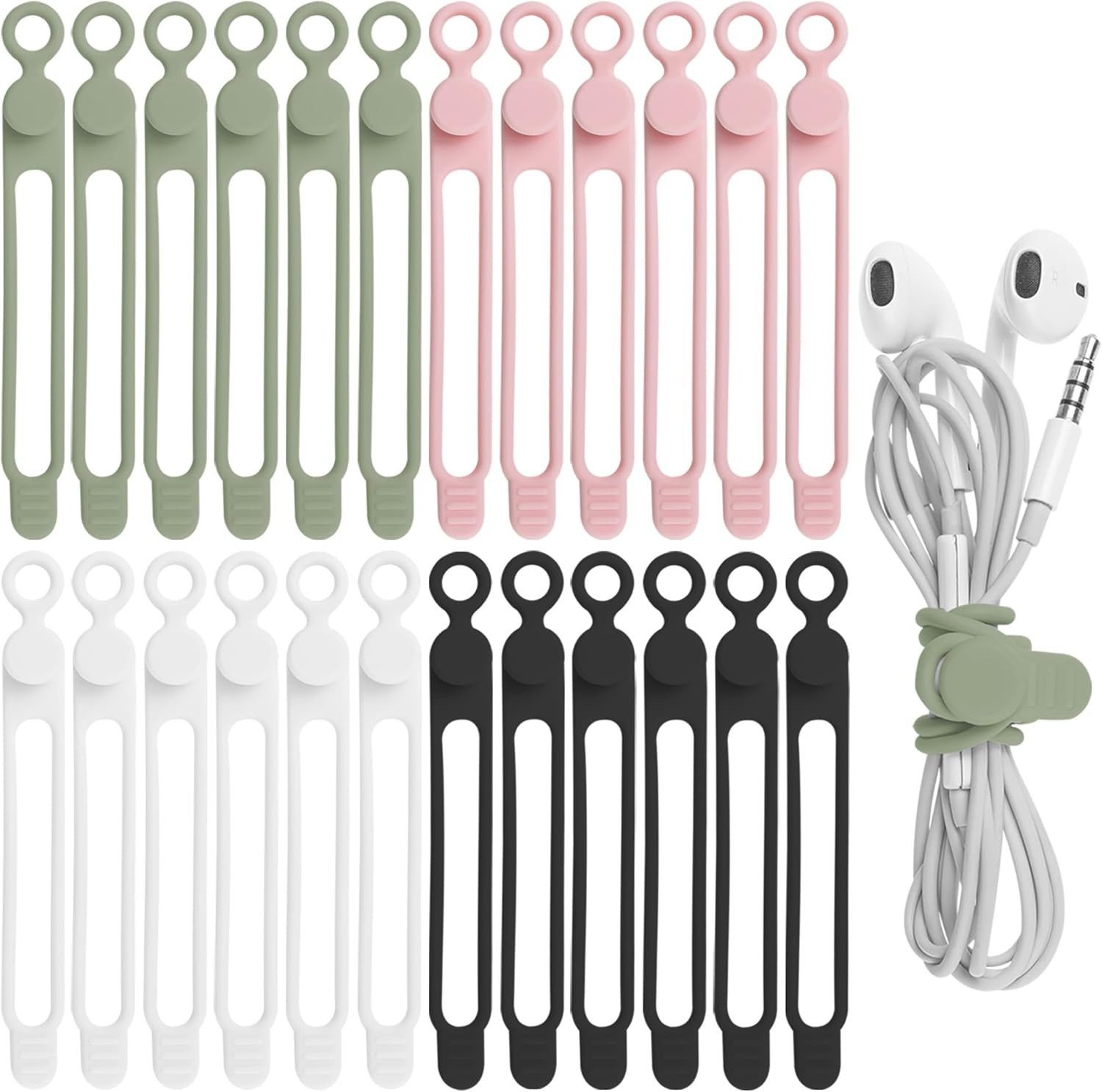24PCS Silicone Cable Ties Cord Organizer Reusable Wire Straps 4 Colors