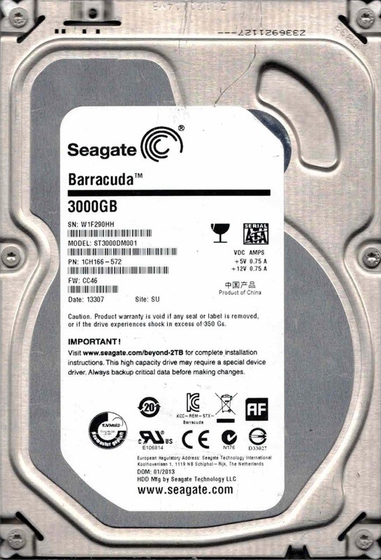 ST3000DM001 P/N: 1CH166-572 F/W: CC46 SU W1F2 01/2013 Seagate 3TB