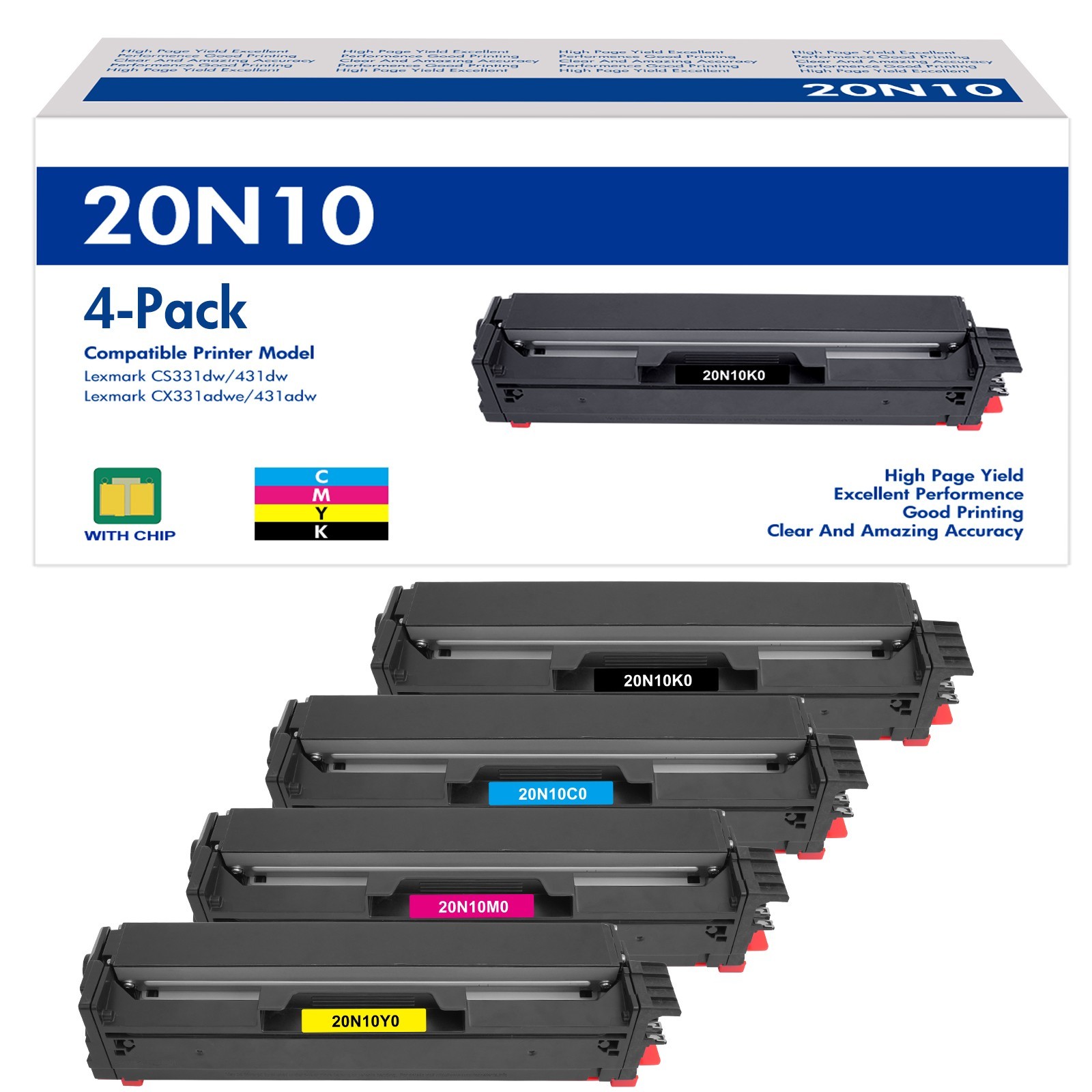 4 Pack (with Chip) for Lexmark 20N10K0 20N10C0 20N10M0 20N10Y0 Toner Cartridges