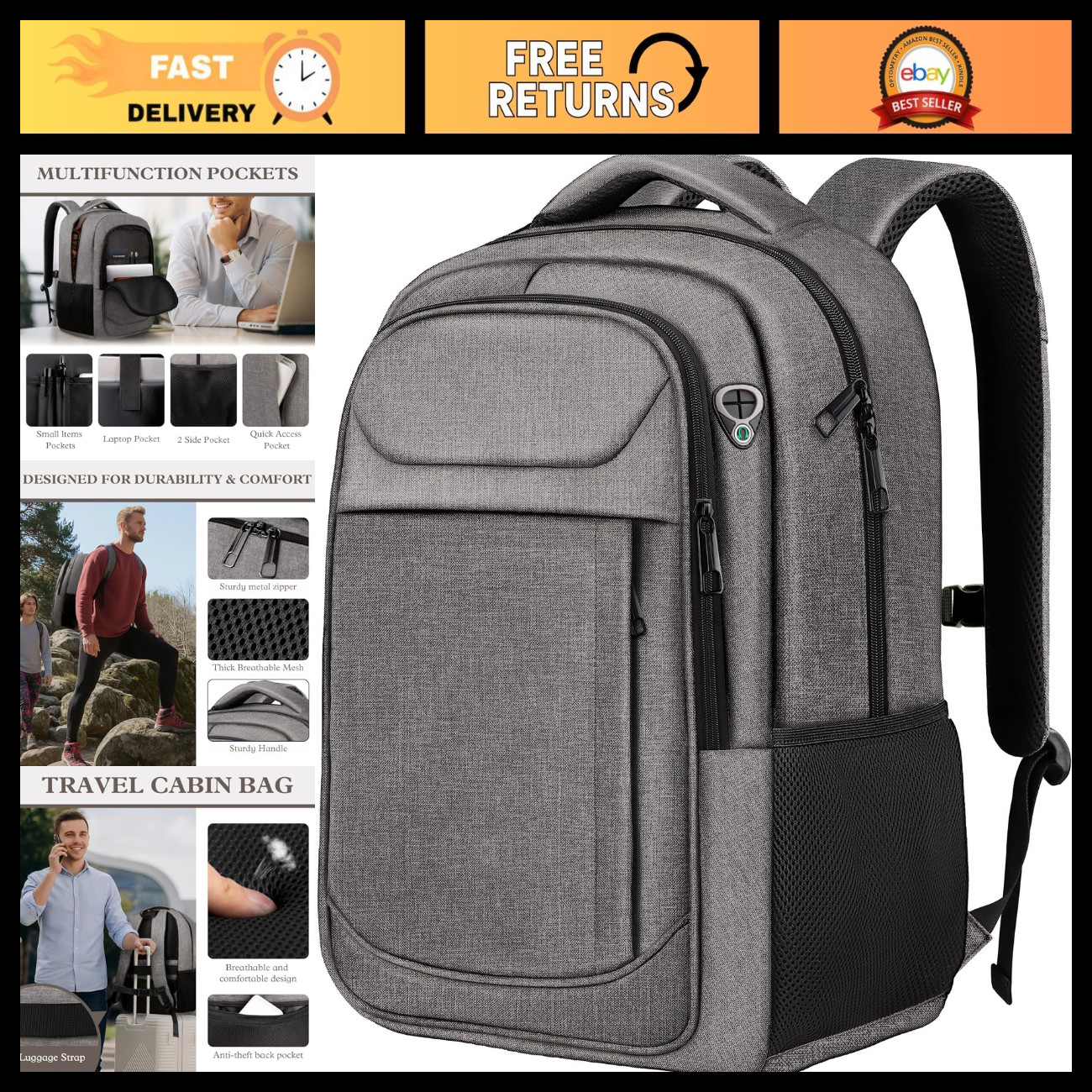 Large 18.4" Laptop Backpack, Travel Bag for Men & Women, Gray, Durable & Spaciou