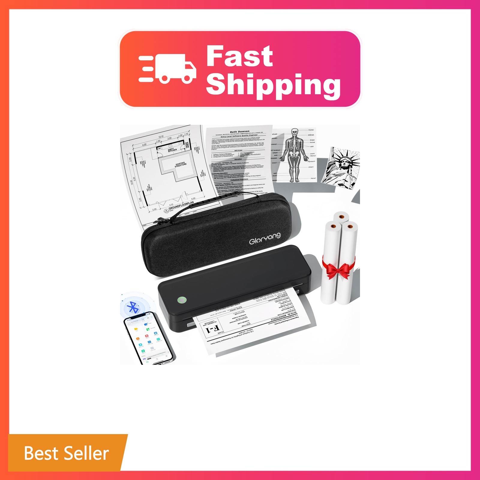Gloryang Inkless Portable Printer for Travel, Wireless Thermal Printer Suppor...