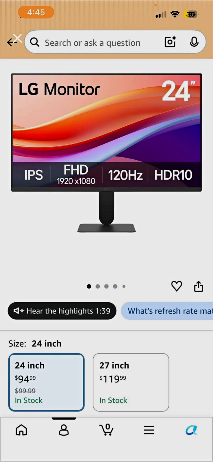 LG 24in IPS FHD 1920x1080 120Hz HDR10 HDMI 16:9 5ms 1200:1