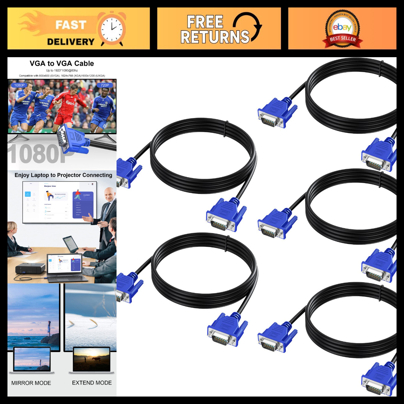 5-Pack 5ft VGA Cable Male to Male Monitor Adapter Cord HD15 1080P Full HD - Blue