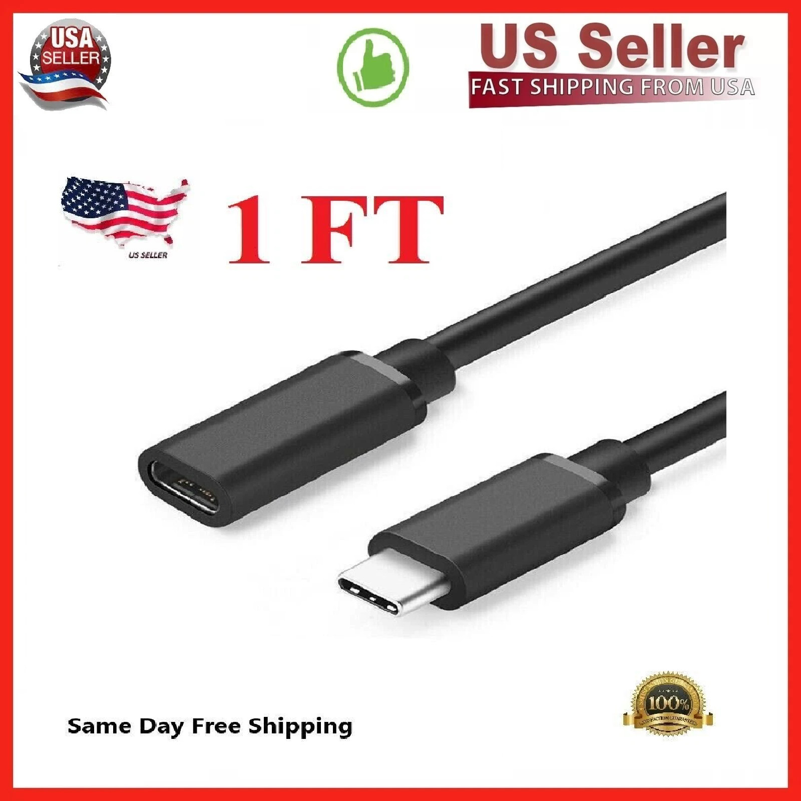 1/3/6 Feet Type C USB 3.1 Male to USB-C Female Extension Data Cable Cord Black