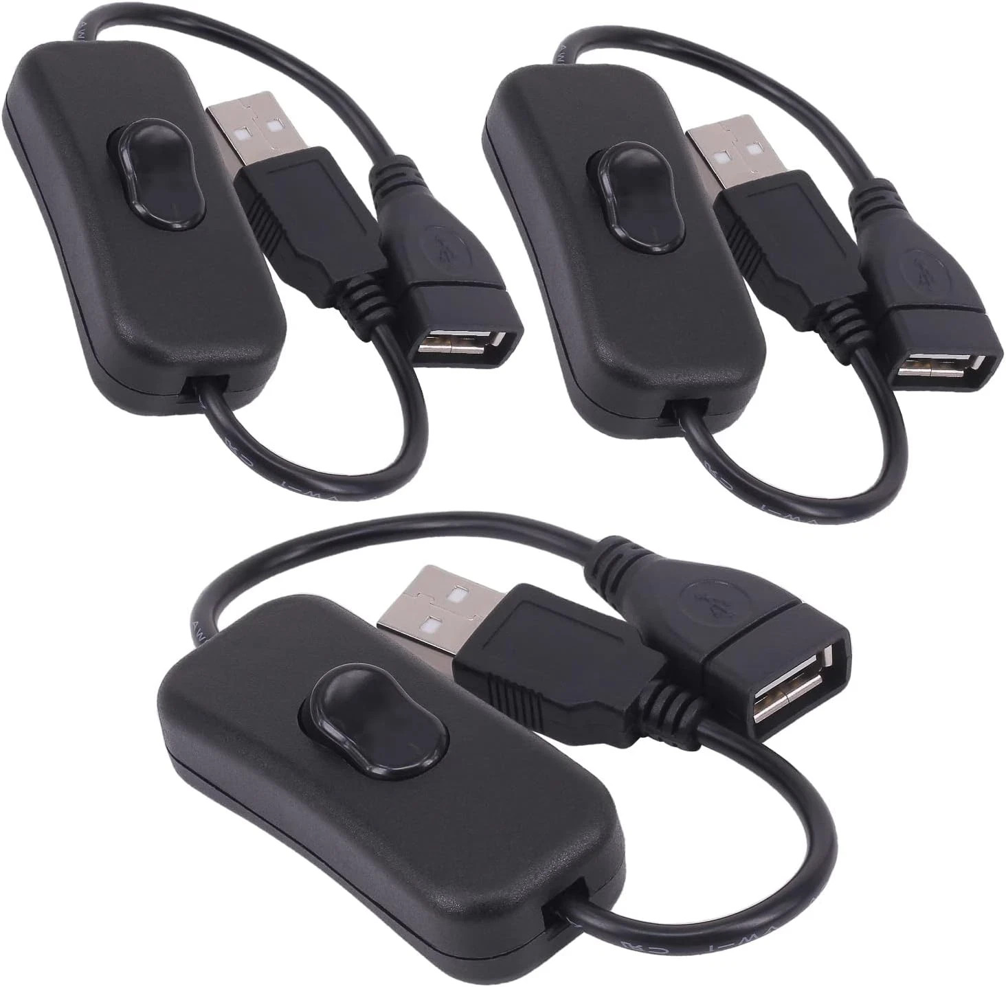 3Pk USB Extension Cables w/ On/Off Switch | Male to Female Power Cord Black