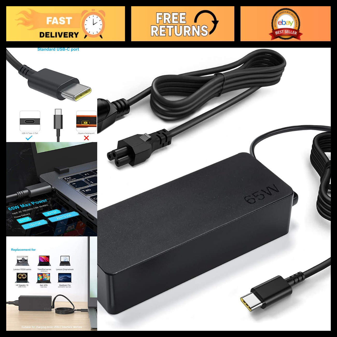 65W USB-C Laptop Charger Power Supply Adapter for 2-in-1 Yoga 7, Compatible Mode