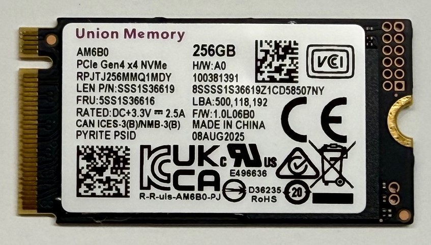 Union Memory 256GB SSD - AM6B0 M.2 PCIe NVMe Gen4 x4 RPJTJ256MMQ1MDY