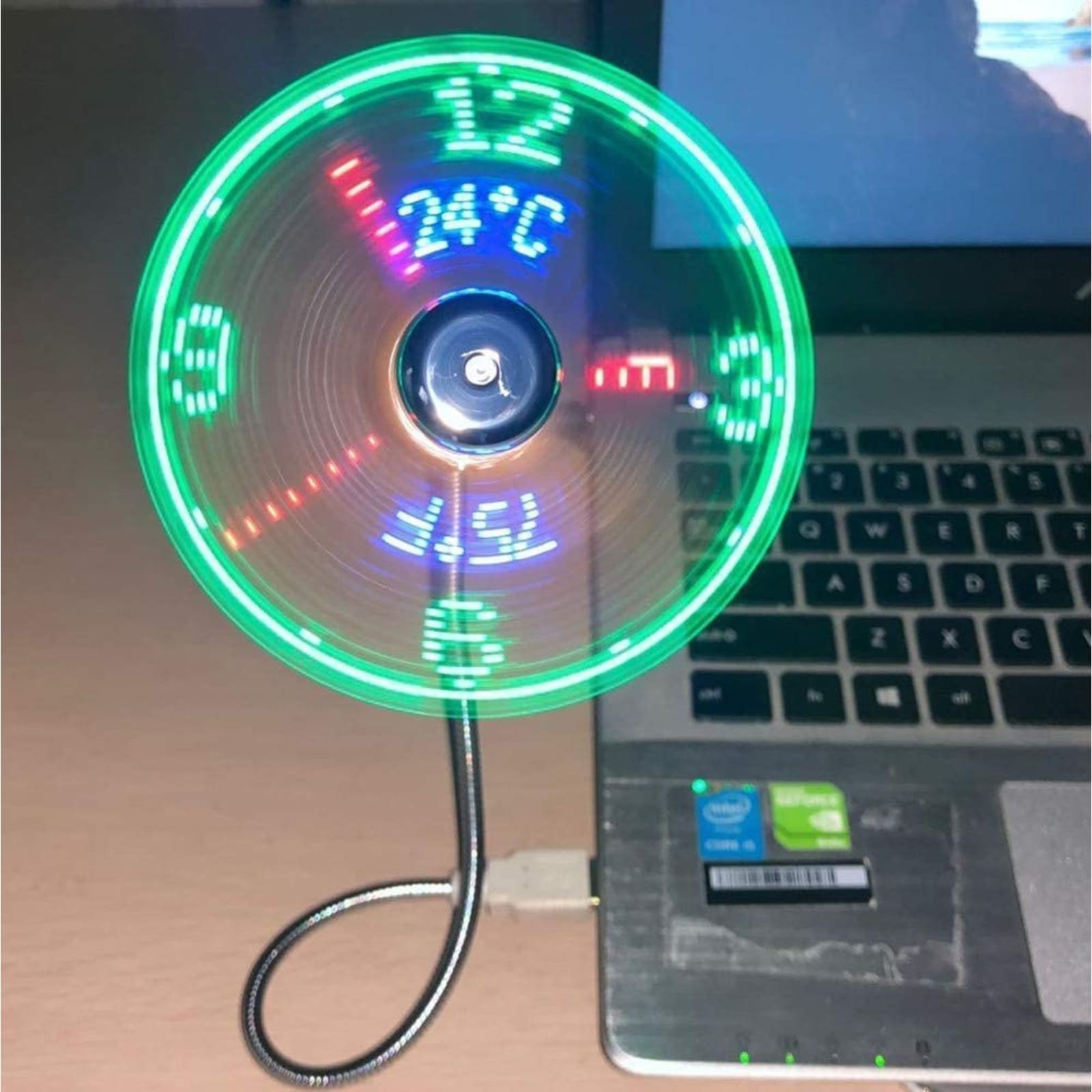 USB LED Clock Fan Real Time Temperature Display Flexible Gooseneck Silver