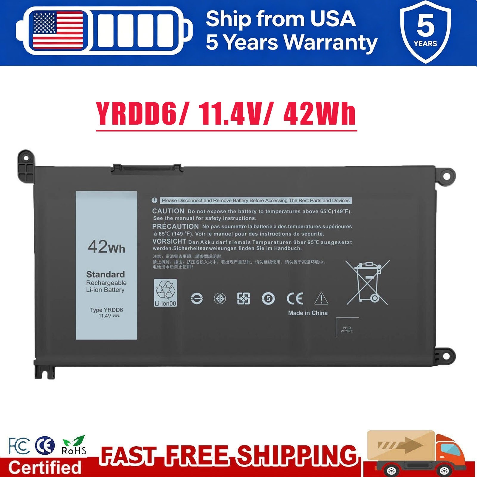 ✅42Wh YRDD6 Battery For Dell Inspiron 3493 3582 3583 3584 7586 3793 VM732 New