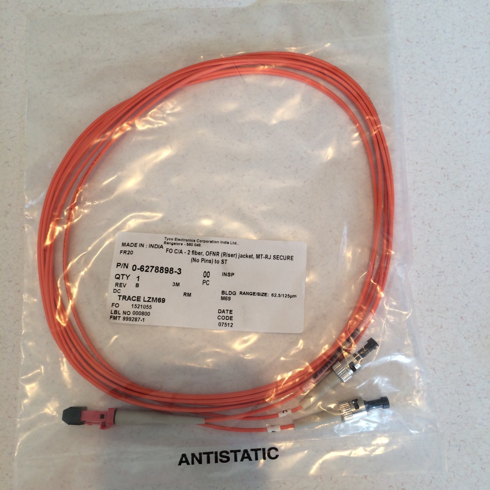 (20) MT-RJ to ST Multimode Fiber Duplex Patch Cord 3 Meter NEW Tyco Electronics