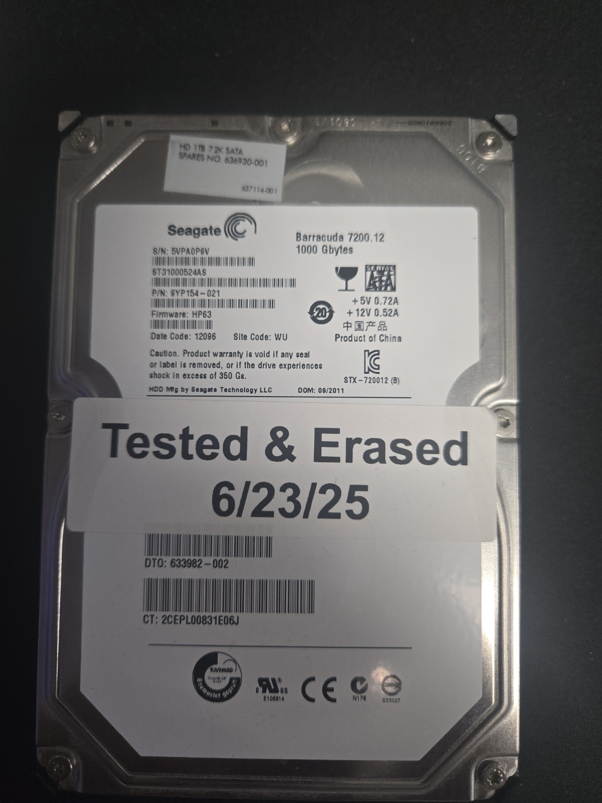 Seagate Barracuda 7200.12 1TB SATA 3.5in 7200RPM 32MB HDD ST31000524AS Tested 