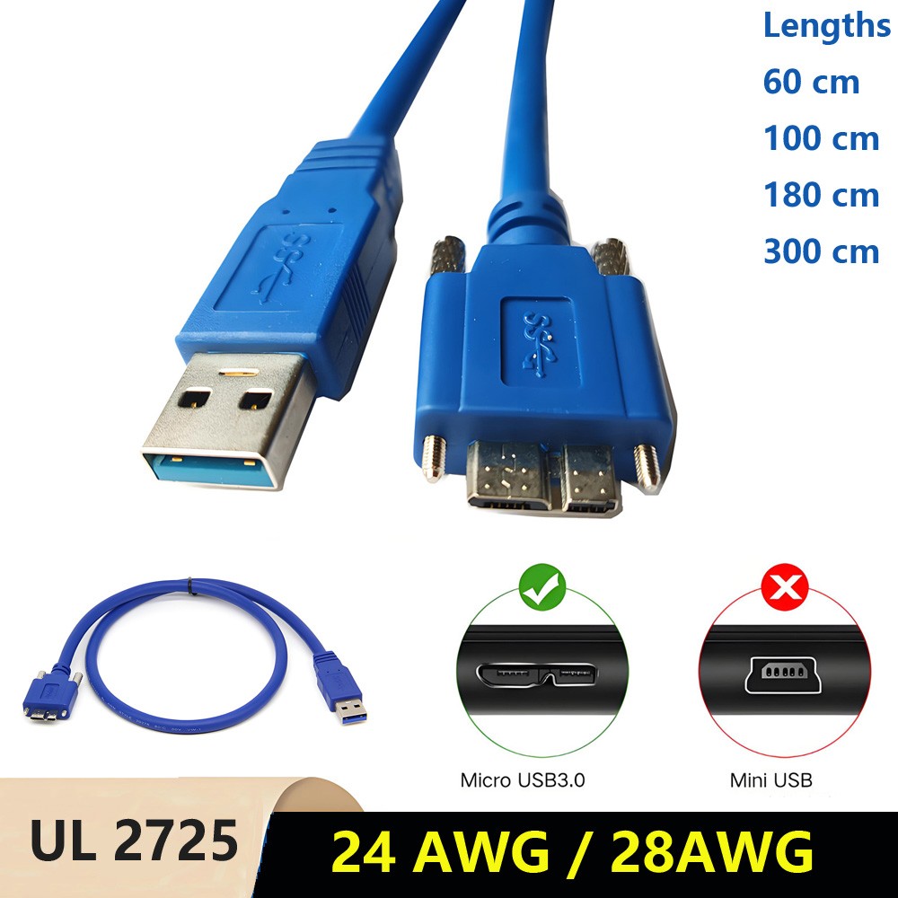 USB A 3.0 to Micro B Panel Mount Cable with Locking Screws Male to Male 0,6m~3m
