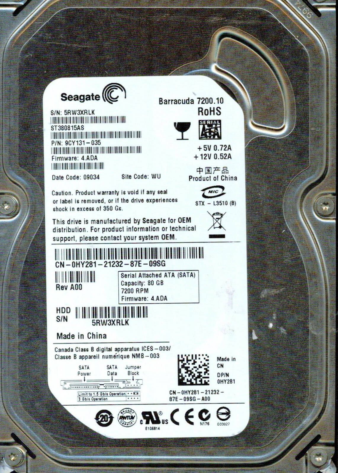 ST380815AS,  9CY131-035,  4.ADA, WU,  5RW3,  SEAGATE SATA 80GB   09034