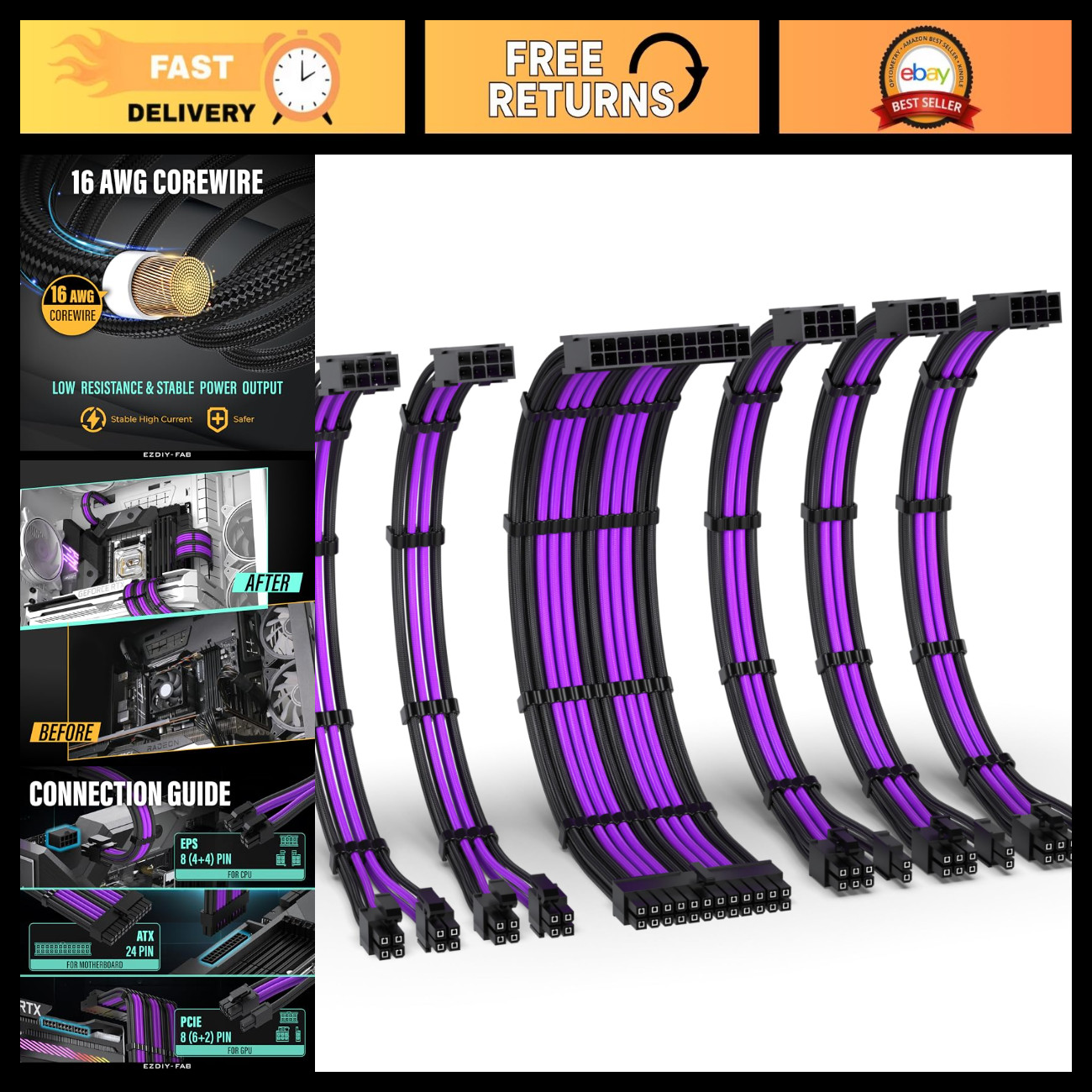 16AWG PSU Extension Kit 300MM, 24-Pin, 2xEPS, 3xPCIe Cables, Black Purple
