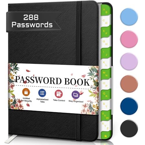 Password Book Small, Password Keeper Book with Alphabetical Tabs, Black