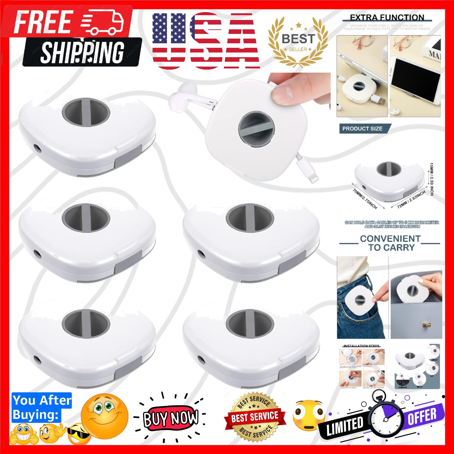 6 Pieces Retractable Cable Management Charging Organizer Phone Cord Holder Sm...
