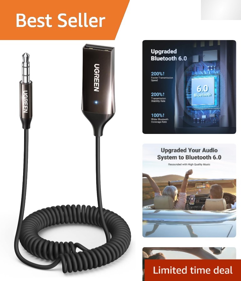 Compact Bluetooth 6.0 Receiver for Car - 3.5mm Aux Input & Hands-Free Function