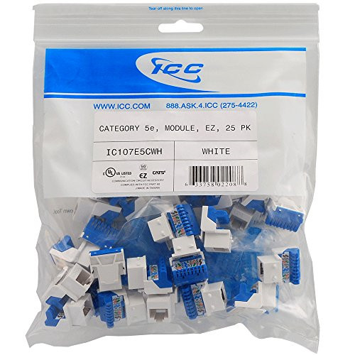 ICC CAT5e RJ45 Keystone Jack for EZ Style, White, 25-Pack