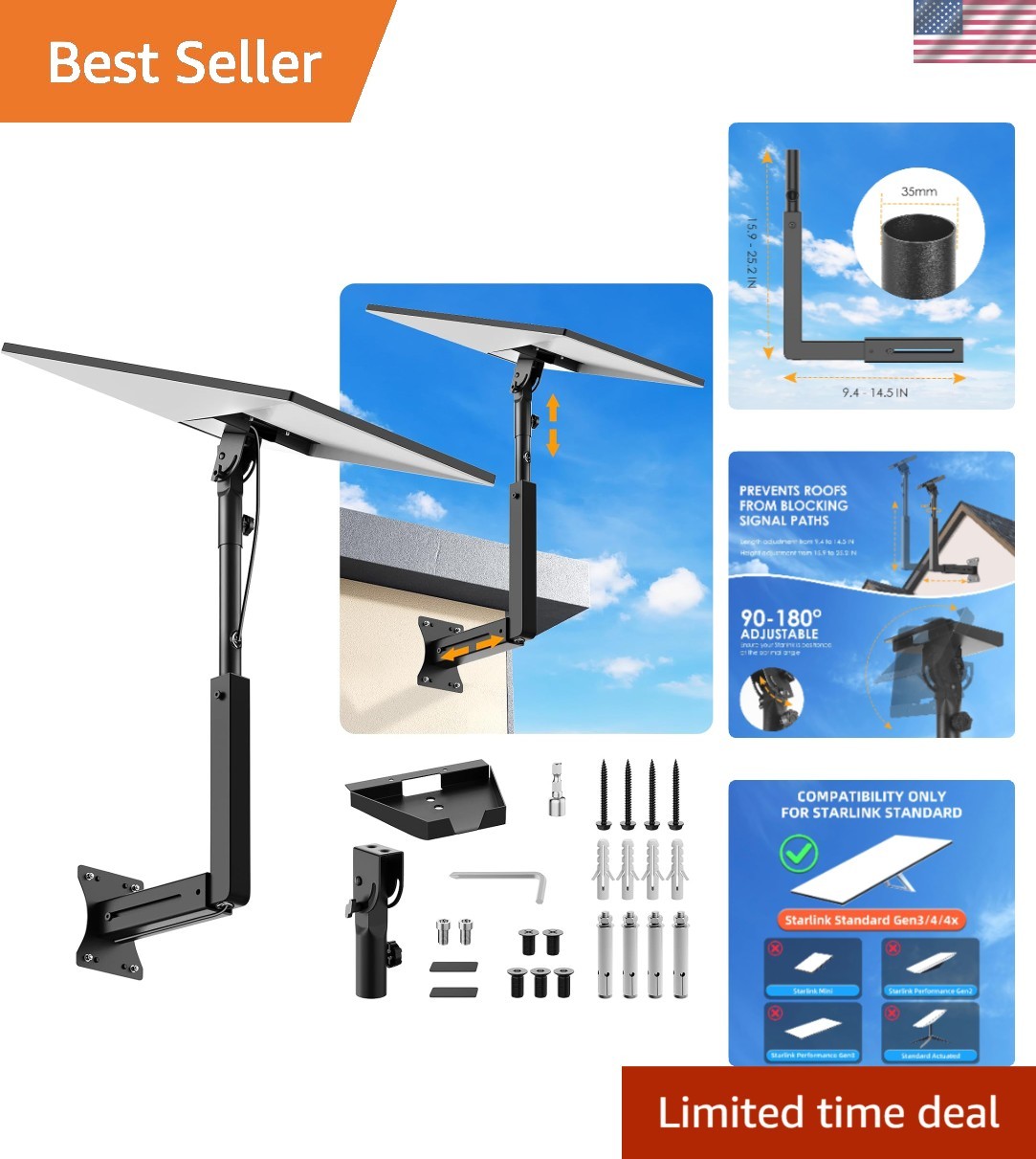 Adjustable Starlink Wall Mount Gen 3/V3 with Telescoping Arm for Optimal Signal