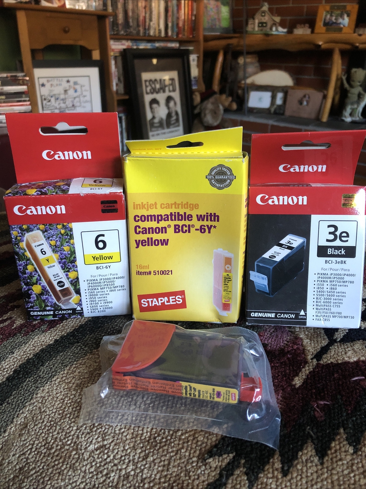 NEW OEM Canon BCI-3eY Yellow Ink Cartridge Bonus 3e Black + Staples Ink FreeShip