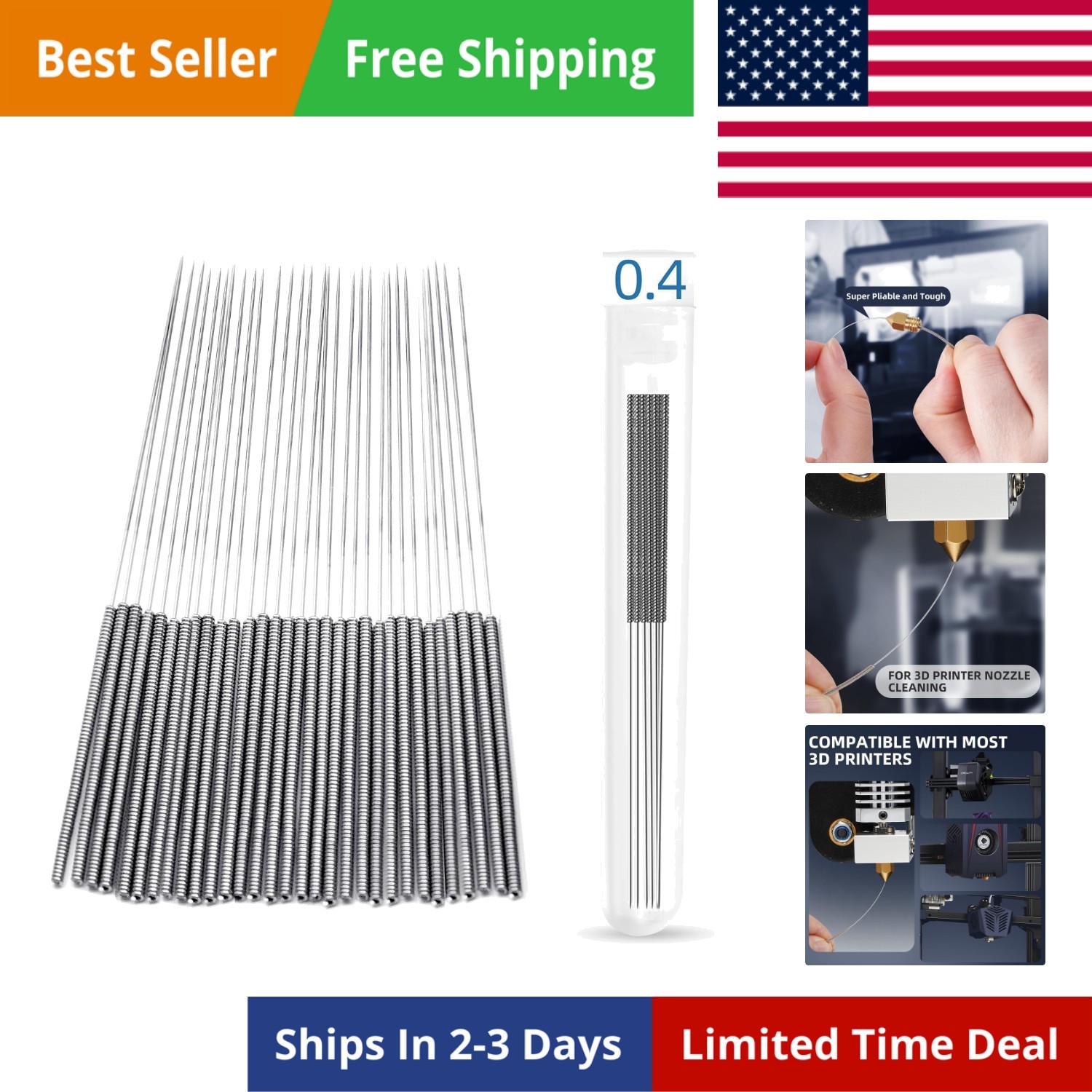 3D Printer Nozzle Cleaning Kit: 30-Pack 0.4mm Stainless Steel Nozzle Cleaner,...